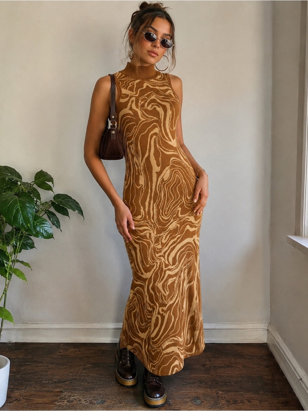 Heartloom Earthy Brown Marble Print Maxi Dress Abstract Boho 90s Small